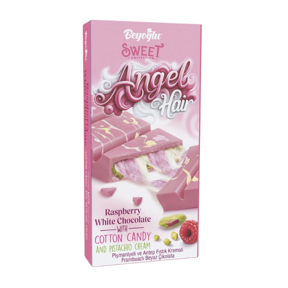 Beyoglu Sweet Collection Angel Hair, cioccolato bianco con lamponi, zucchero filato turco e crema al pistacchio da 80g
