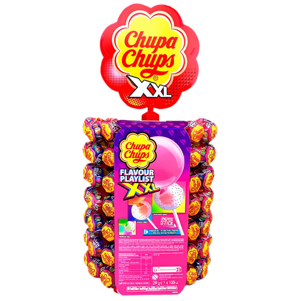 Chupa Chups XXL Playlist, sucette avec cœur de chewing-gum saveurs variées de 29g (Paquet de 105)