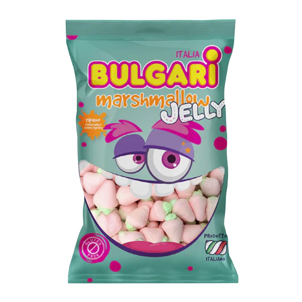 Confezione da 1kg, marshmallow a forma di fragola e ripieni di gelatina al gusto di fragola.
