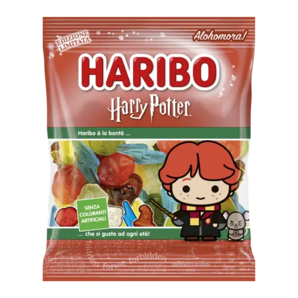 Confezione da 80g, caramelle gommose al gusto di frutta e cola Haribo.