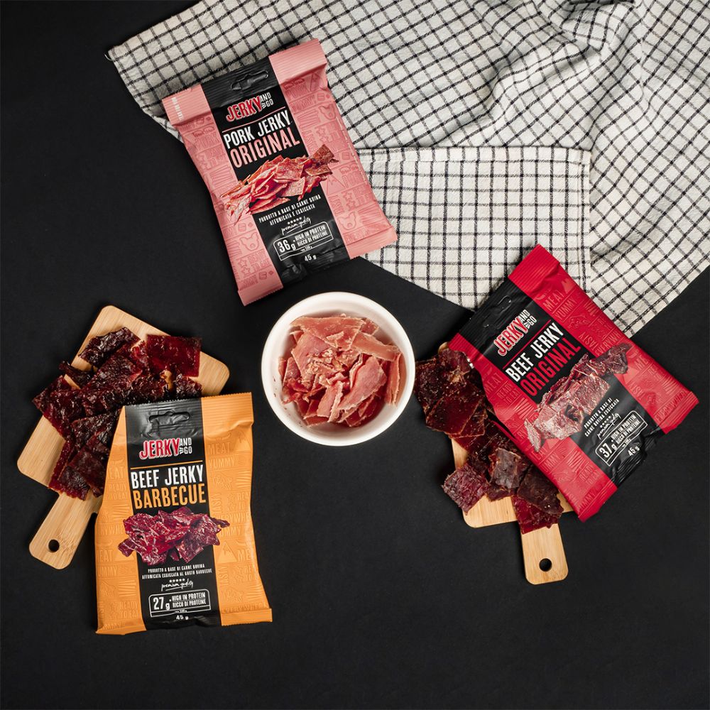 Jerky And Go Mix: 1 Jerky and Go Beef Jerky Original de 45g, 1 Jerky and Go Beef Jerky Barbecue de 45g, 1 Jerky and Go Pork Jerky Original de 45g