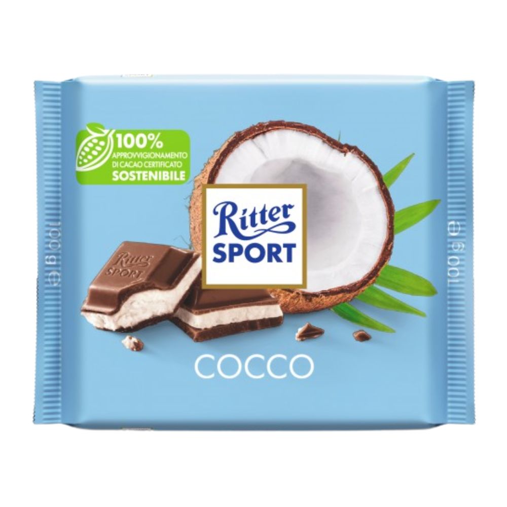 Confezione da 100g, cioccolato al latte ripieno di crema di cocco Ritter Sport.