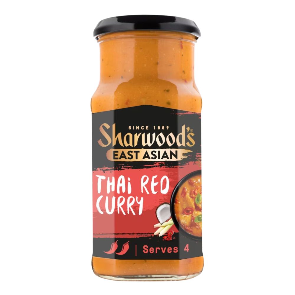 Confezione da 415g, salsa al curry rosso con cocco, citronella e peperoncino Smarwood's.