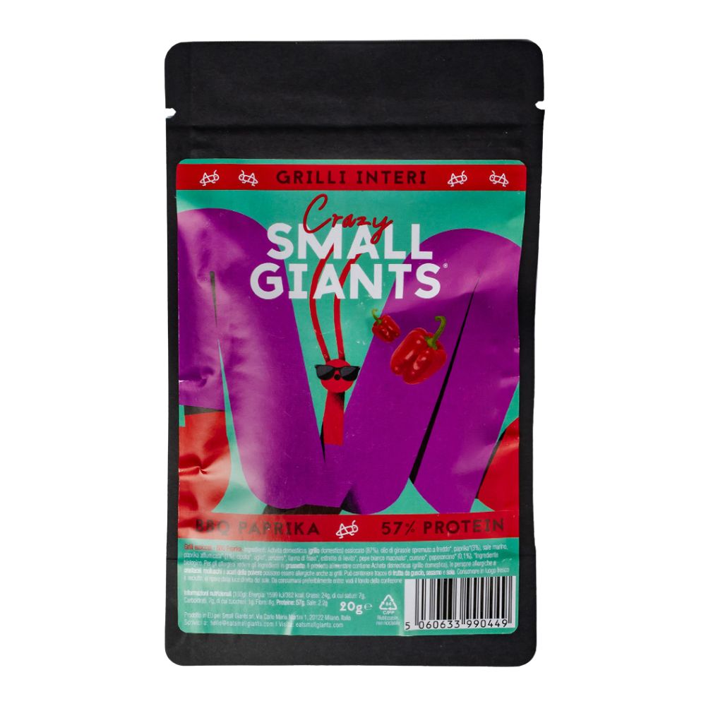 Confezione da 20g, grilli essiccati aromatizzati alla paprika Crazy Small Giants.