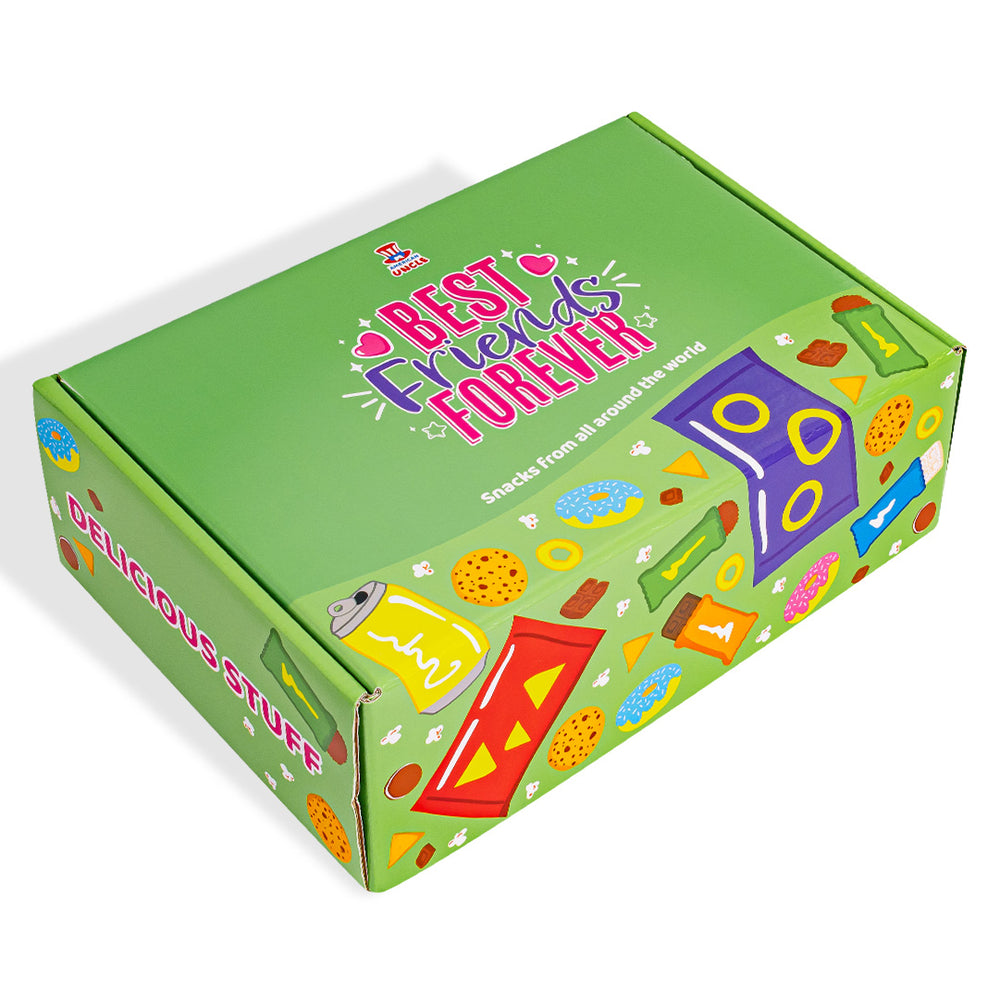 Scatola chiusa con scritta "best Friends Forever" a disegni di snack
