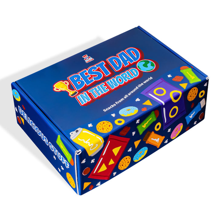 Scatola chiusa con scritta "Best Dad in the World" e snack disegnati