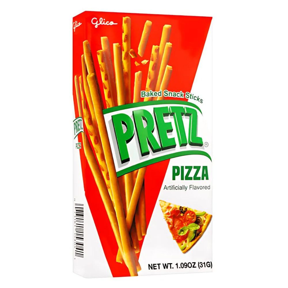Confezione da 31g di snack salati al gusto di pizza Glico Pretz Pizza