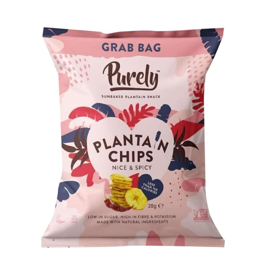Confezione da 28g di chips di platano speziate Purely