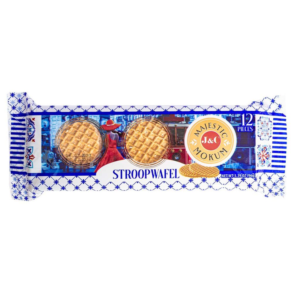 Confezione da 96g di waffle ripieni di caramello al burro Majestic Mokum Stroopwafel