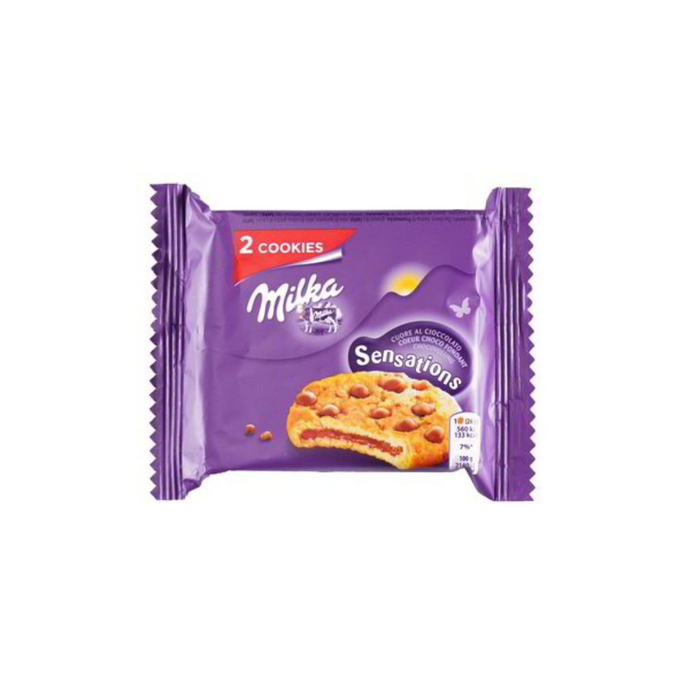 Milka Cookie Sensation, biscuit fourré au chocolat au lait avec des pépites de chocolat de 52g