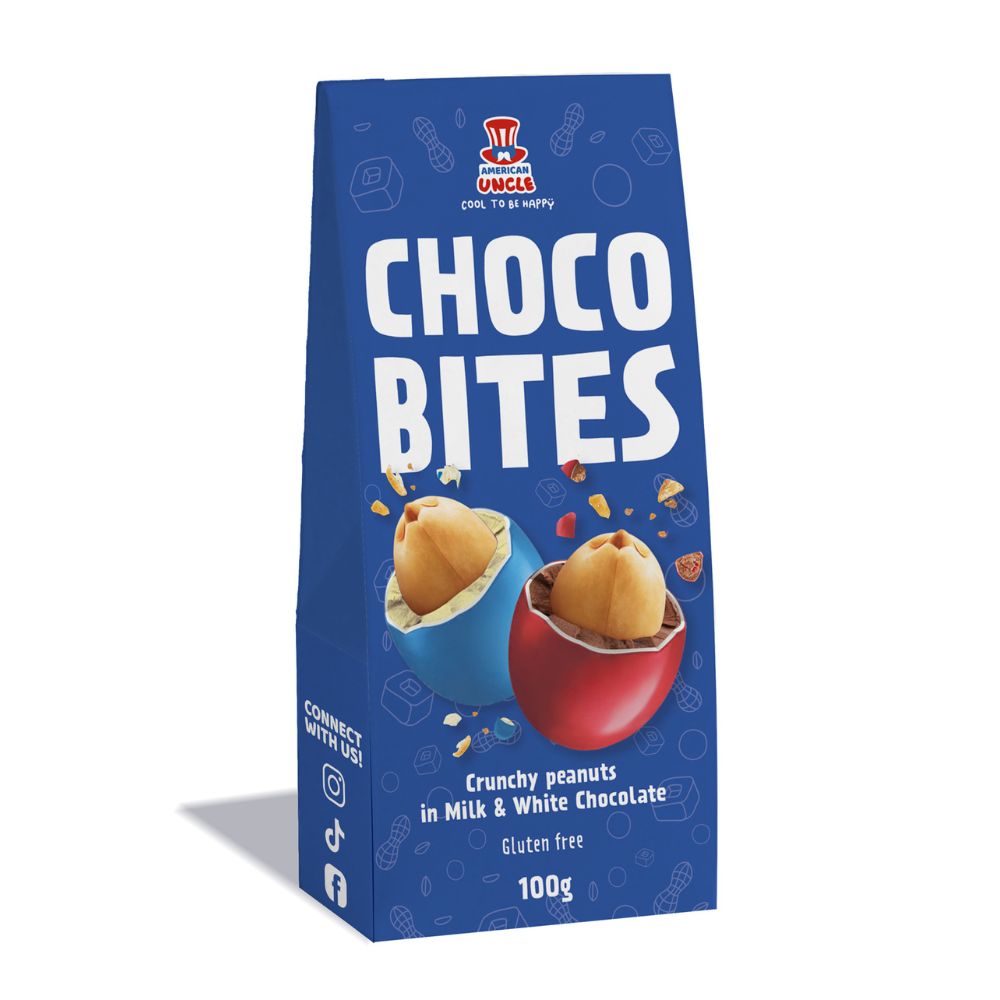 Choco Bites, dragées avec cacahuètes grillées enrobées de chocolat au lait et blanc de 100g