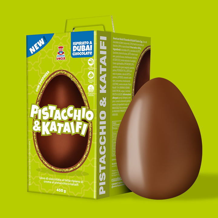 American Uncle Œuf de Pâques Pistache & Kataifi, œuf de Pâques Dubai Chocolate - chocolat au lait rempli de crème à la pistache et Kataifi de 450 g 