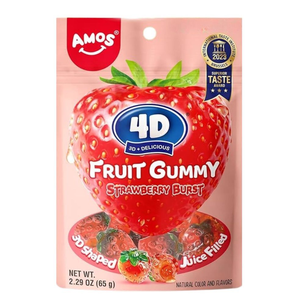 Amos 4D Fruit Gummy Strawberry Burst, bonbons gélifiés fourrés au goût de fraise de 65g 