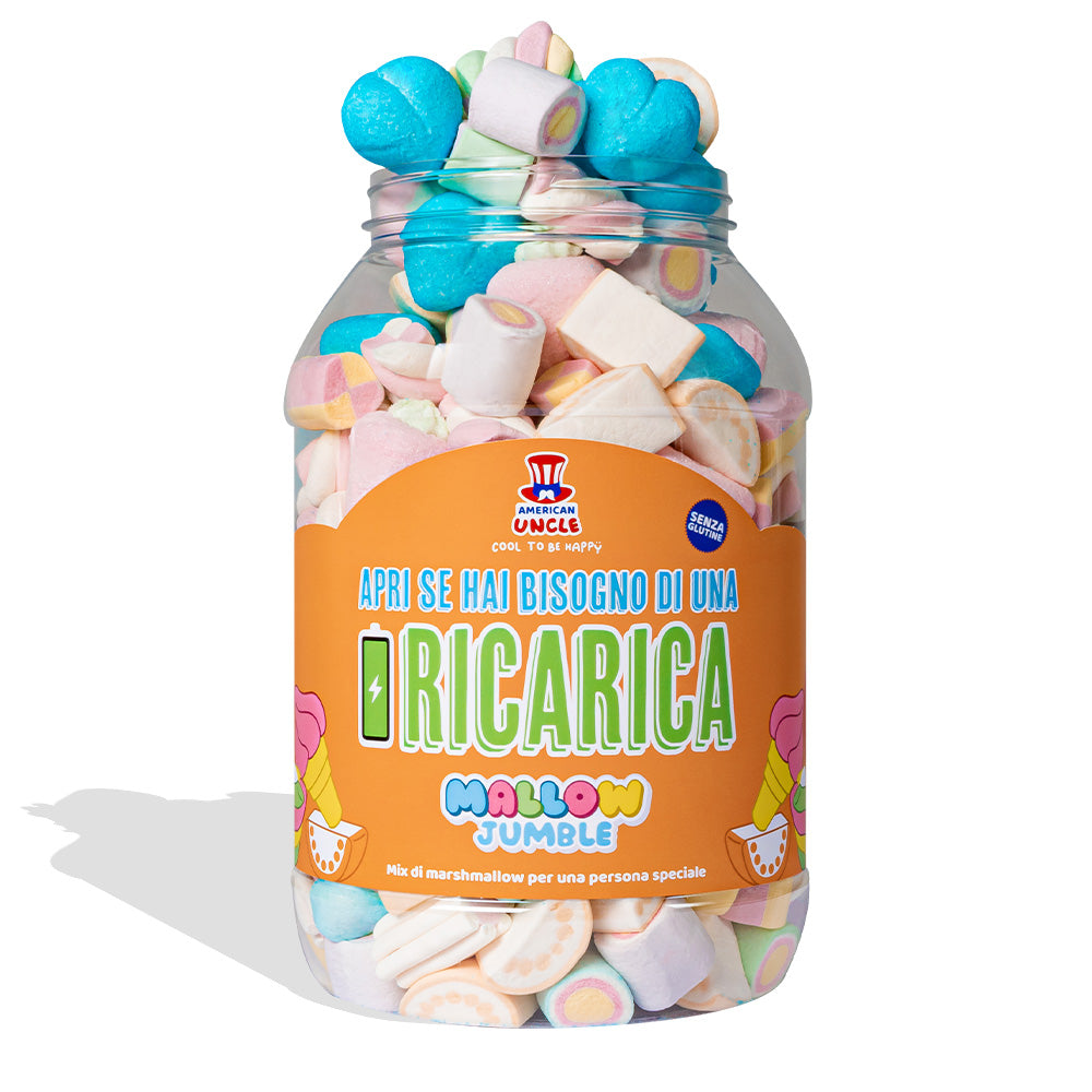 Mallow Jumble "Ouvre si tu as besoin d'une recharge", bocal de marshmallow à composer avec tes goûts préférés 