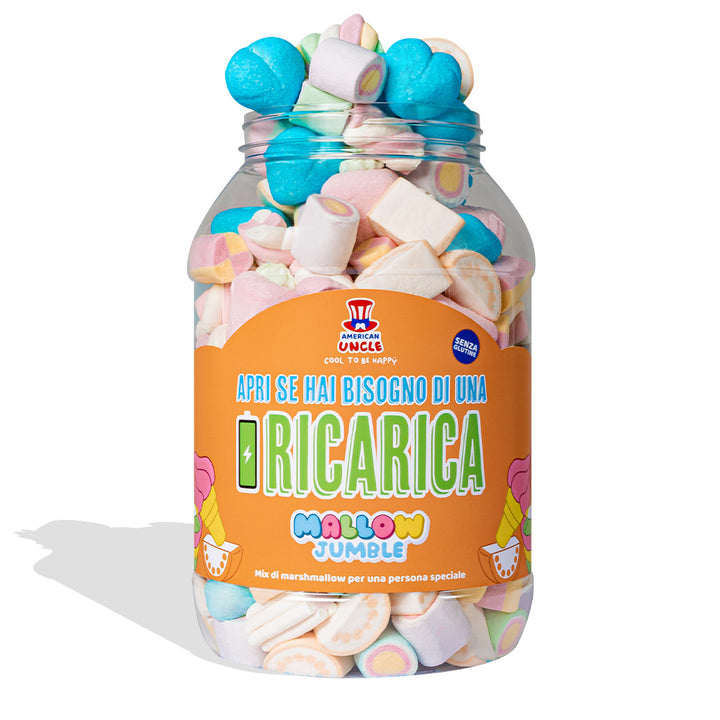 Mallow Jumble "Ouvre si tu as besoin d'une recharge", bocal de marshmallow à composer avec tes goûts préférés 