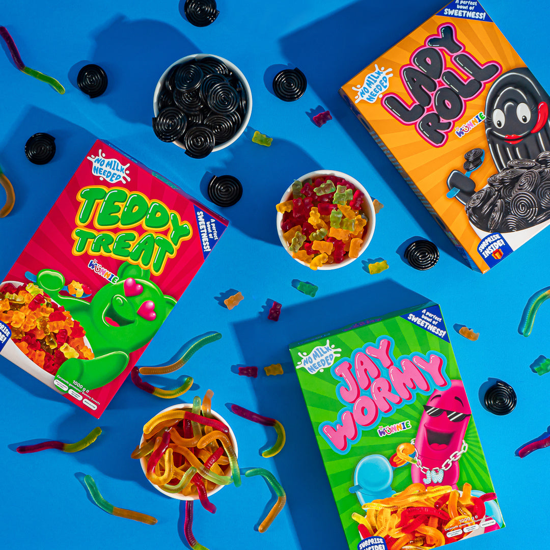 Liquirizie, vermi e orsetti gommosi in scatole di cereali