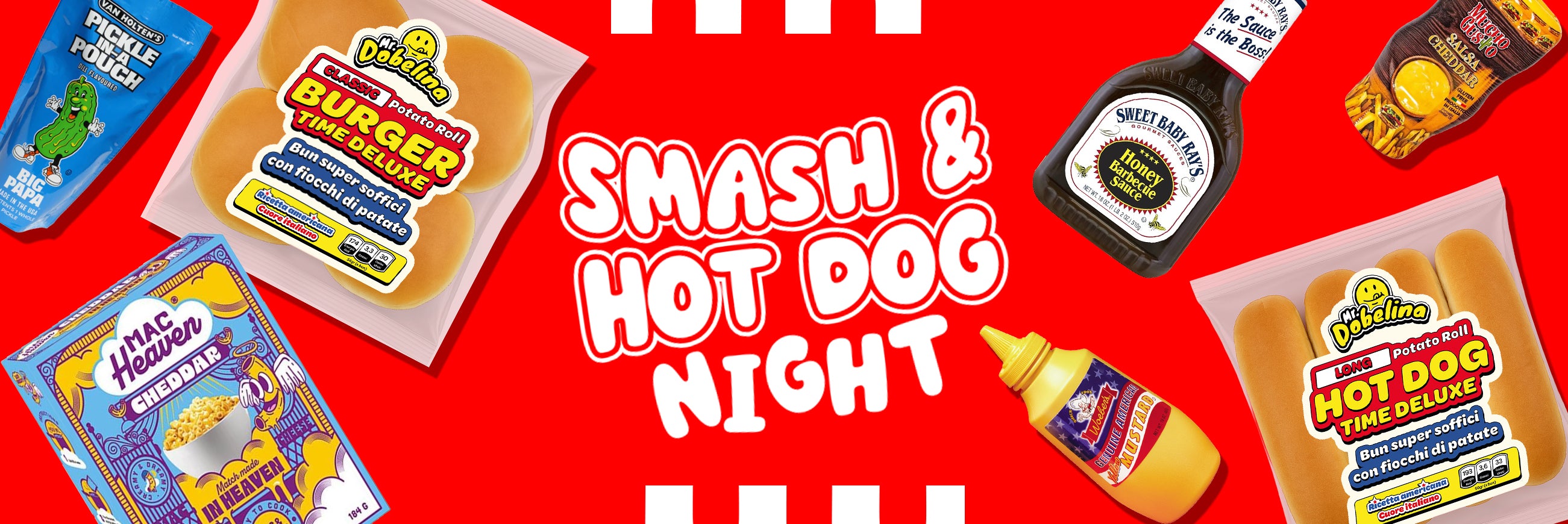 Banner smash and hot dog night con panini, salse e condimenti