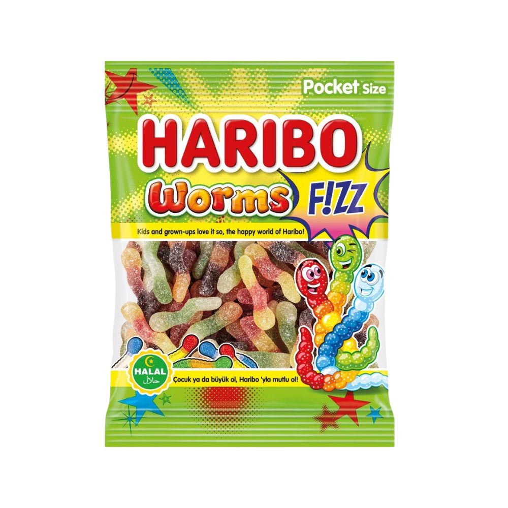 Haribo Worms Fizz Halal, caramelle gommose zuccherate al gusto di frutta da 80g