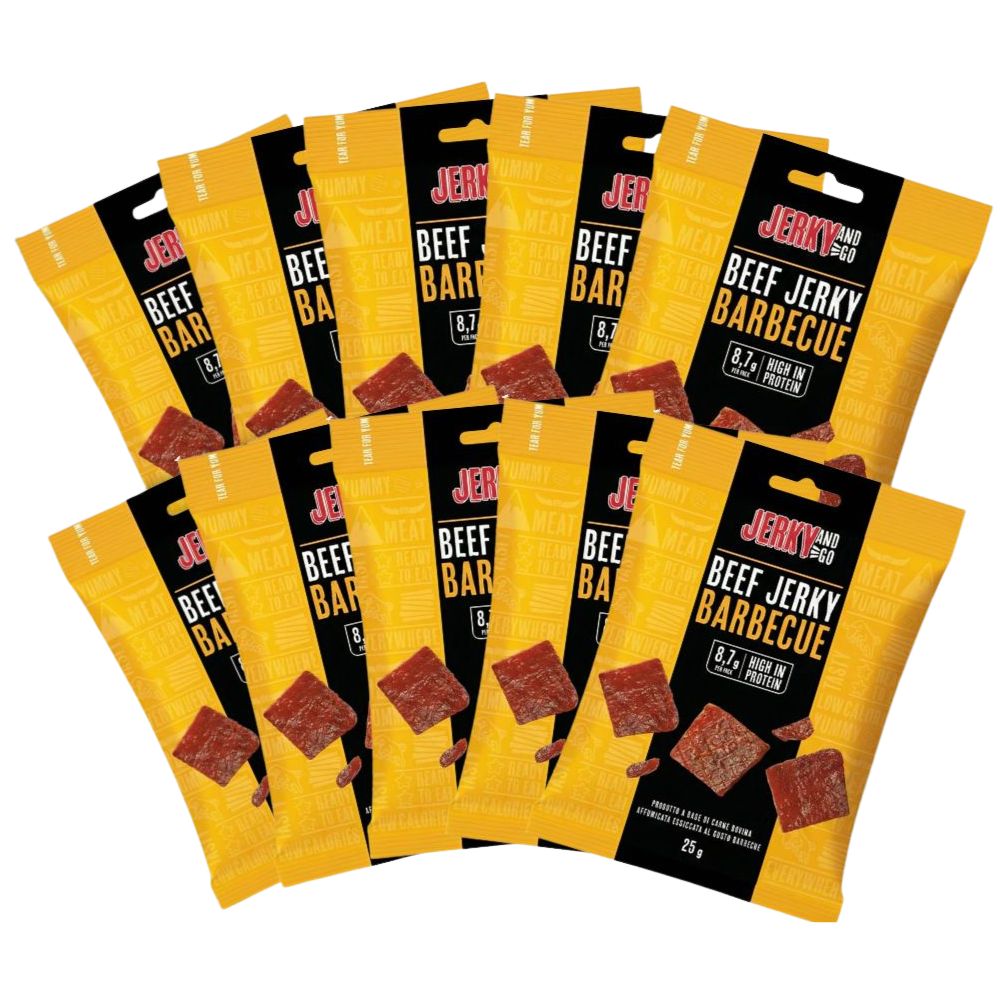 Jerky And Go Beef Jerky Barbecue, snack de viande bovine séchée et fumée saveur barbecue de 25g (Paquet de 10) 