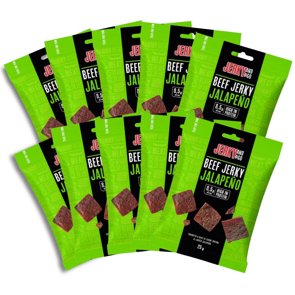 Jerky And Go Beef Jerky Jalapeño, snack de viande bovine séchée et fumée au goût Jalapeño de 25g (Paquet de 10) 