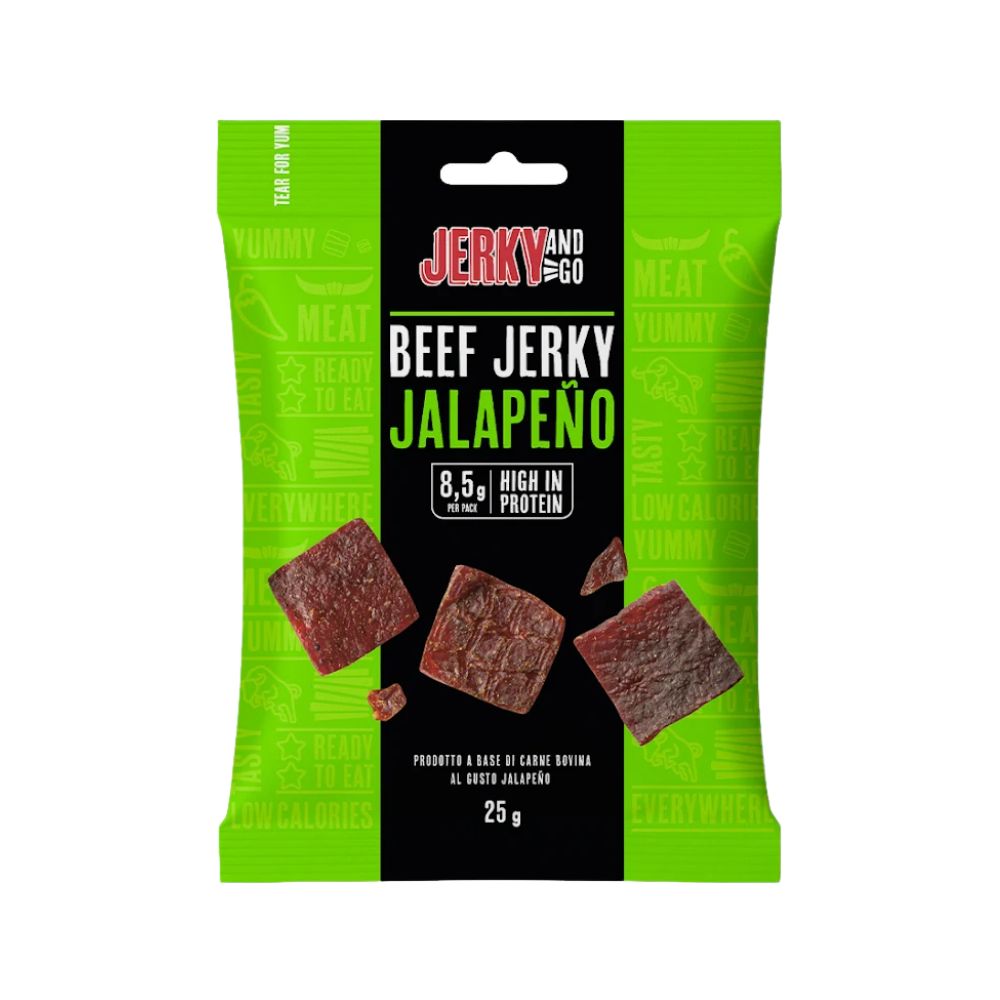 Jerky And Go Beef Jerky Jalapeno, snack di carne bovina essiccata e affumicata al gusto Jalapeno da 25g.