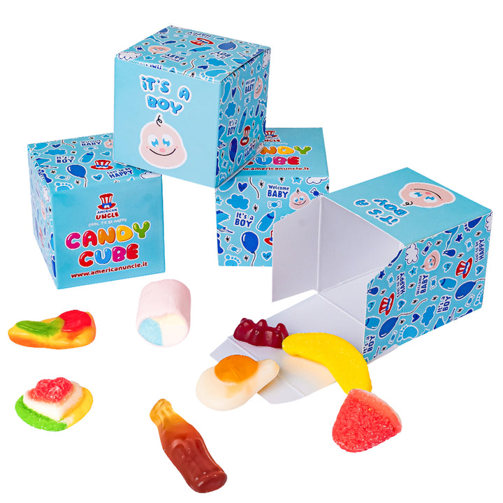 Candy Cube Kit "Party", boîtes de bonbons gélifiés de 50g idéales comme gadgets de fin de fête (25, 50 ou 75 pcs) 