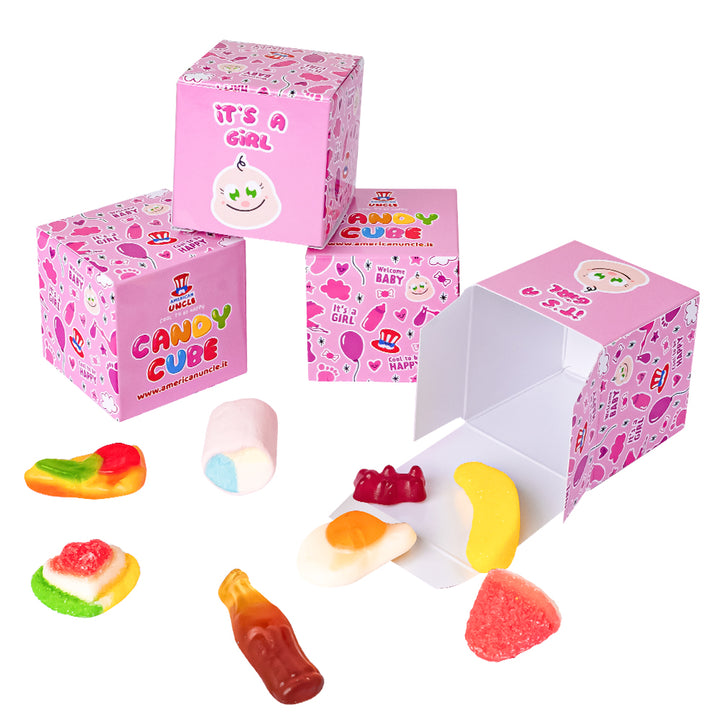Candy Cube Kit “C'est une fille”, boîtes de bonbons gélifiés de 50g idéales pour la baby shower ou la naissance (25, 50 ou 75 pièces) 