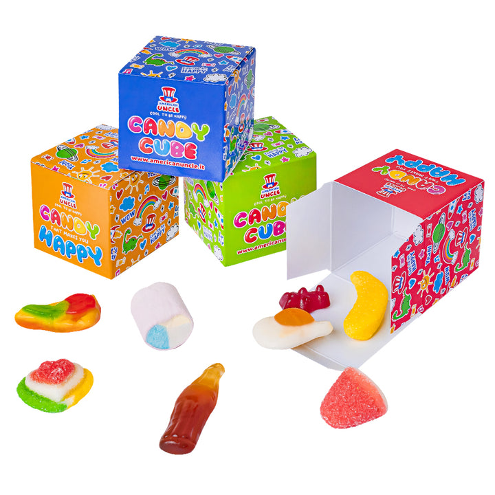 Candy Cube Kit "Party", boîtes de bonbons gélifiés de 50g idéales comme gadgets de fin de fête (25, 50 ou 75 pcs) 