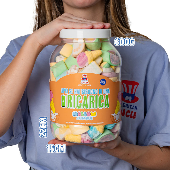 Mallow Jumble "Ouvre si tu as besoin d'une recharge", bocal de marshmallow à composer avec tes goûts préférés 