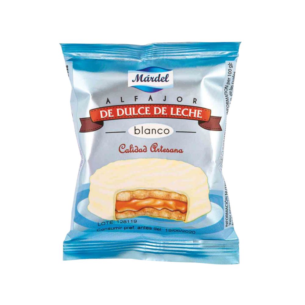 Mardel Alfajores Blanco, biscotto con caramello al latte ricoperto di cioccolato bianco da 50g.