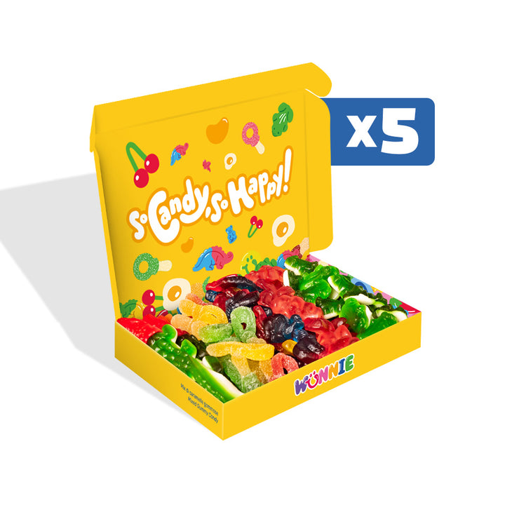 Wunnie box "So Candy, So Happy", 5 boîtes de bonbons gélifiés en saveurs assorties de 480g 