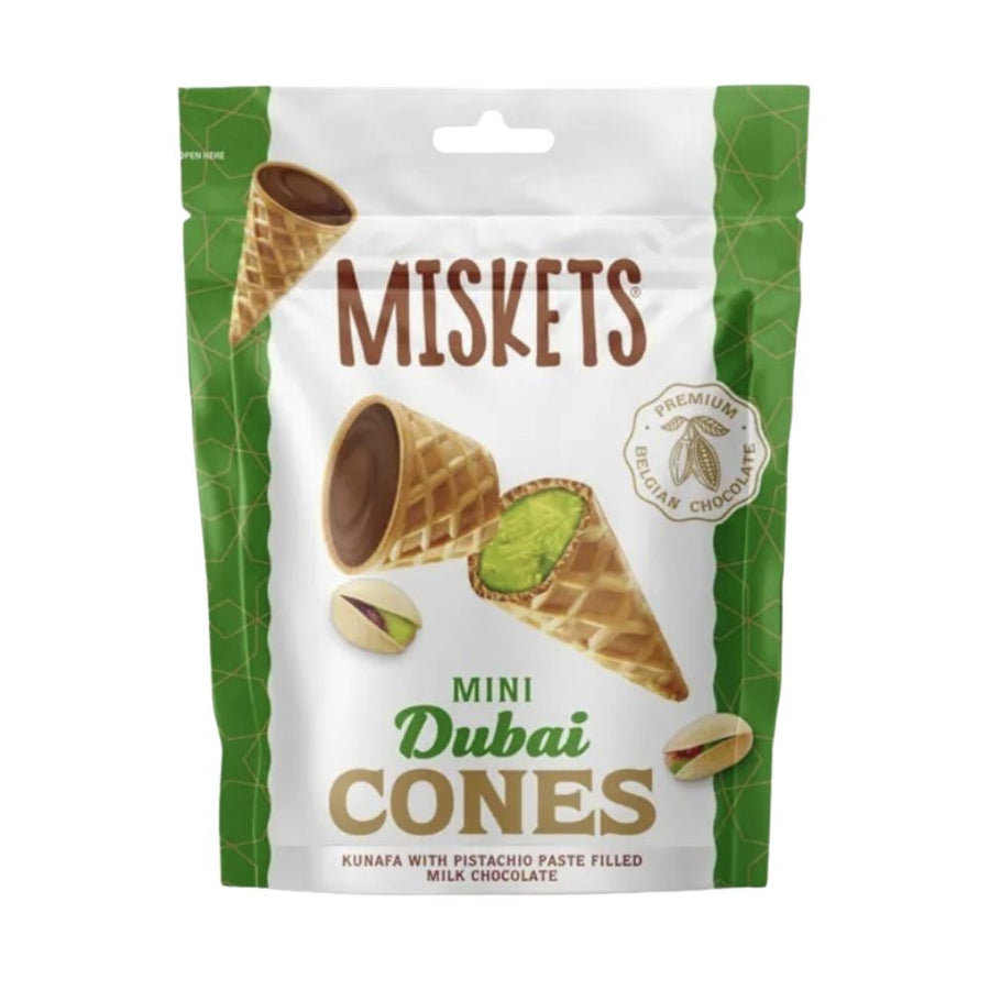 Miskets Mini Dubai Cones, coni di cialda con ripieno di pistacchio e cioccolato al latte da 50g.