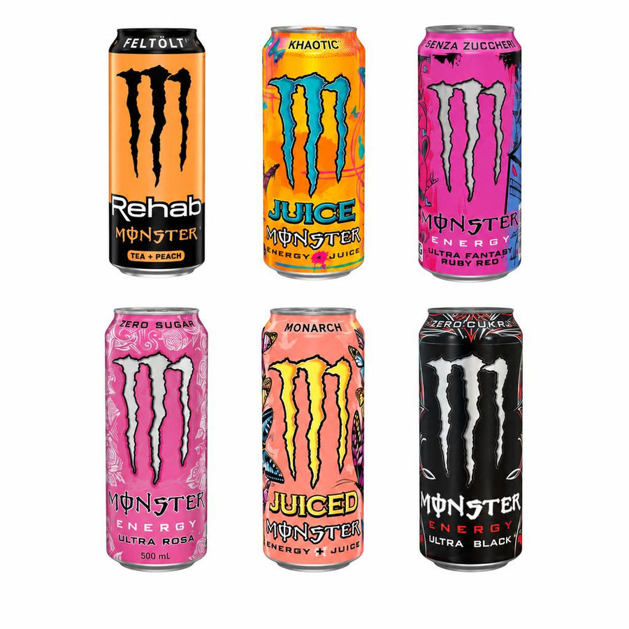 Monster Kit, 6 energy drink al gusto tè e pesca, arancia, agrumi con nata de cocco, frutta, frutta e frutta