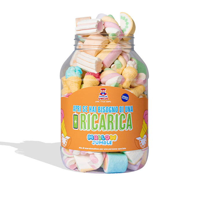 Mallow Jumble "Ouvre si tu as besoin d'une recharge", bocal de marshmallow à composer avec tes goûts préférés 