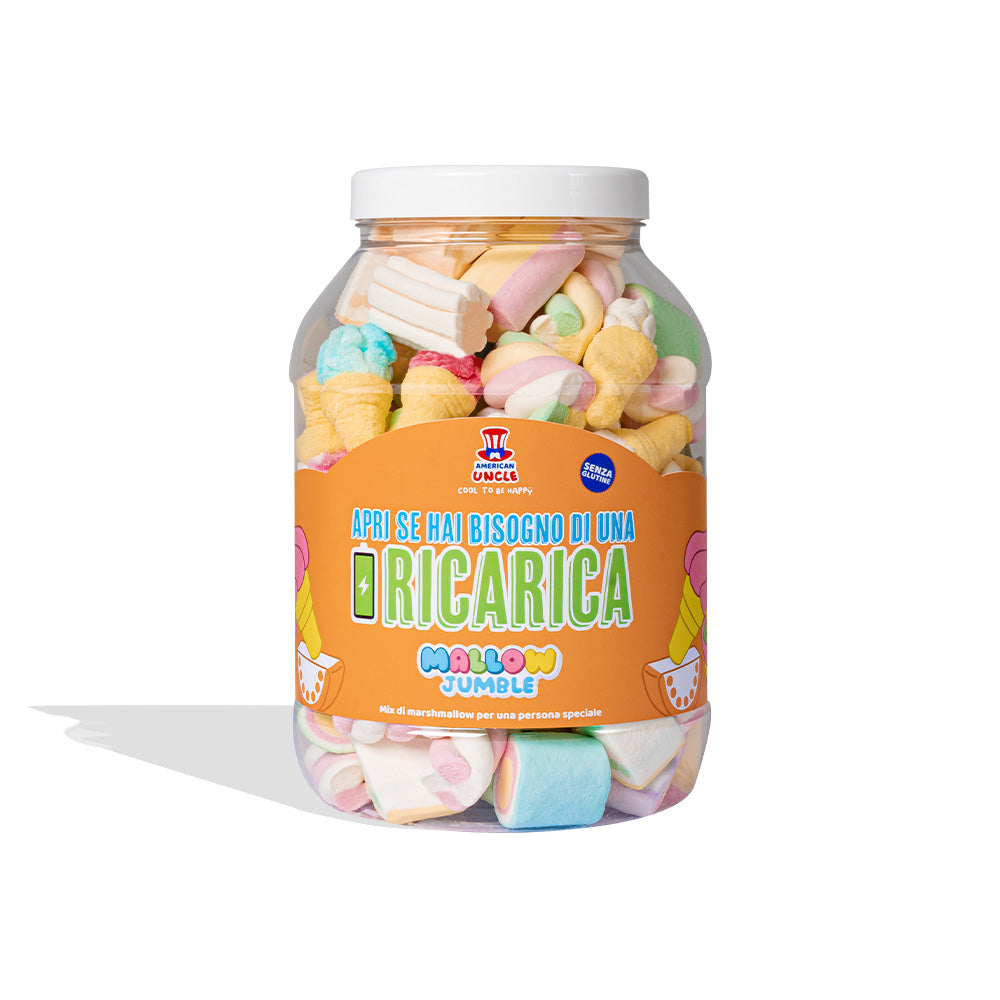 Mallow Jumble "Ouvre si tu as besoin d'une recharge", bocal de marshmallow à composer avec tes goûts préférés 