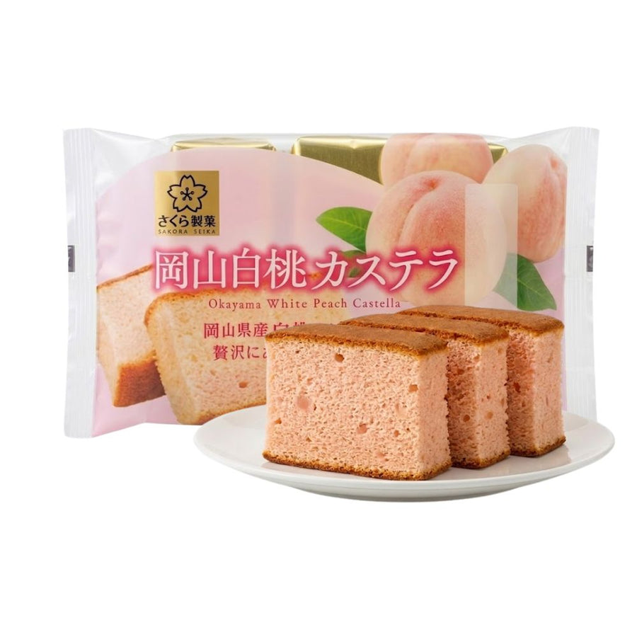Sakura Seika Okayama White Peach Castella, torta castella al gusto di pesca bianca da 130g