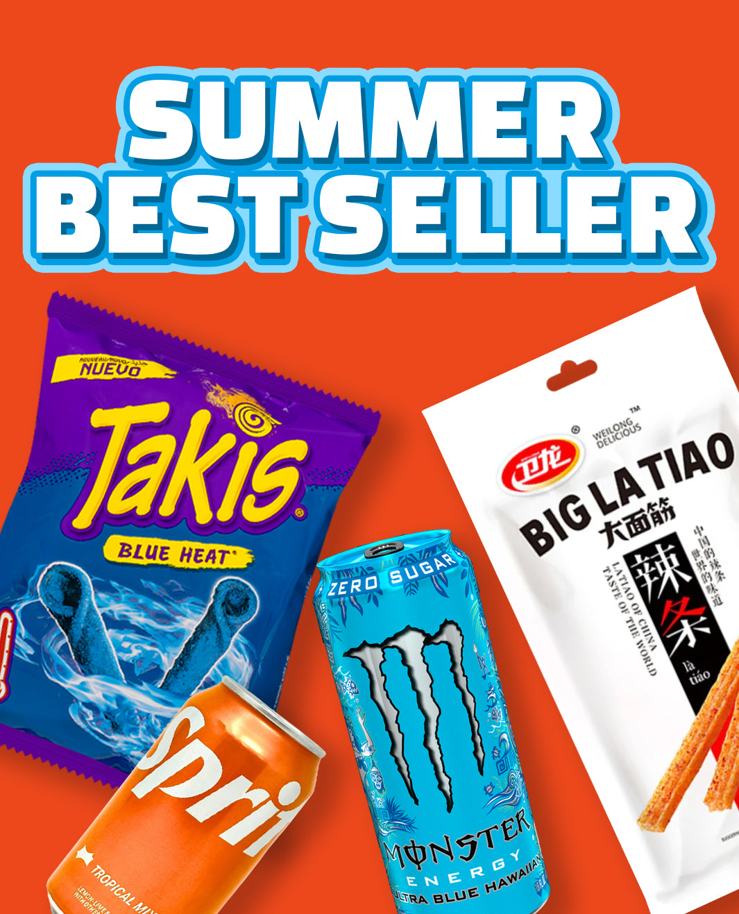 Card con i best seller dell'estate come Takis, Monster e La tiao