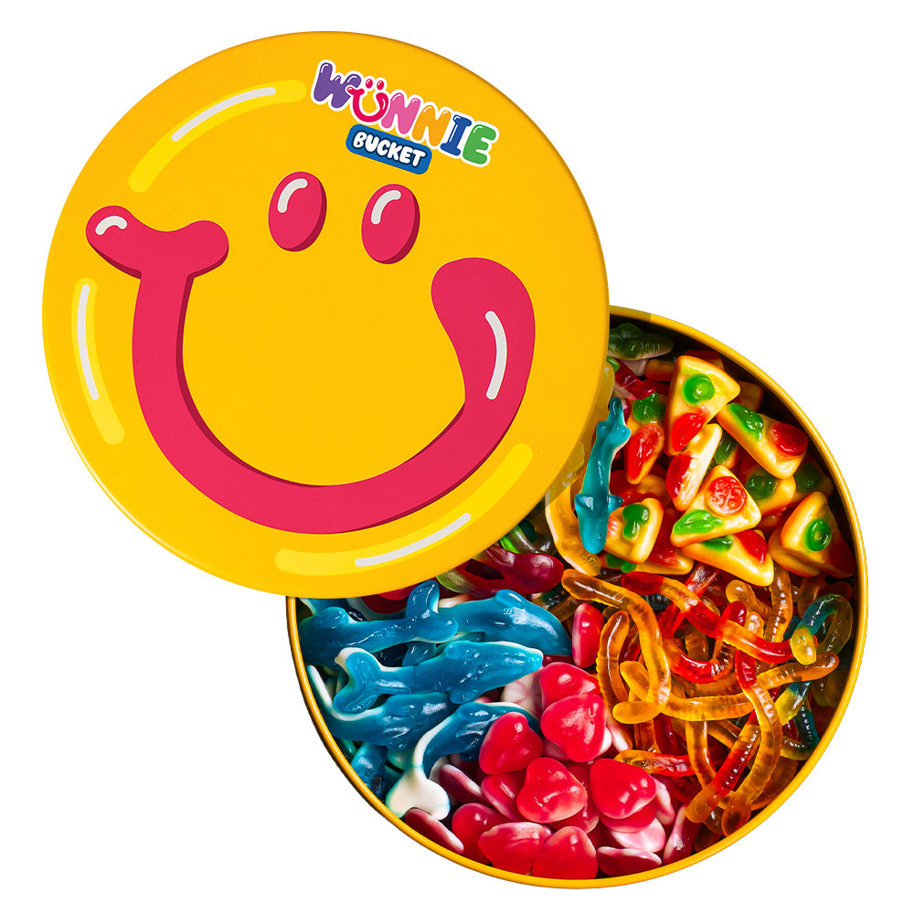 Wunnie Bucket avec des bonbons gélifiés lisses en forme de cœurs, de dauphins, de pizzas