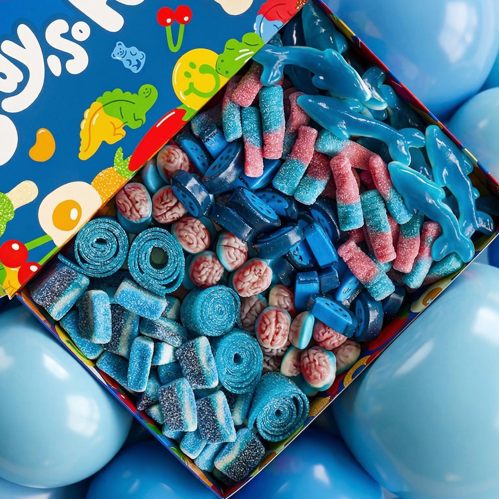 Caramelle della wunnie box blue mix: delfini, cervelli, strisce raspberry, cola blu e rosa, fette di lampone