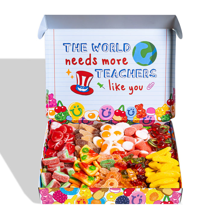 Scatola di caramelle gommose Wunnie box per la maestra, bianca con righe e con frase the world needs more teachers like you