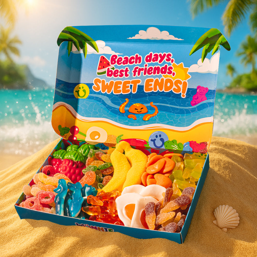 Wunnie box Summer, scatola di caramelle gommose su una spiaggia