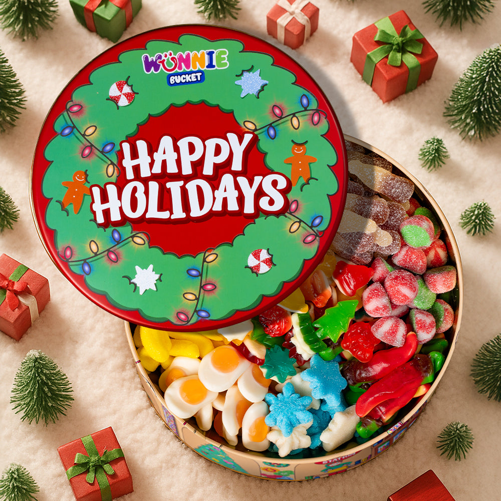 wunnie bucket happy holiday 2 kg con ghirlanda sul coperchio e caramelle natalizie