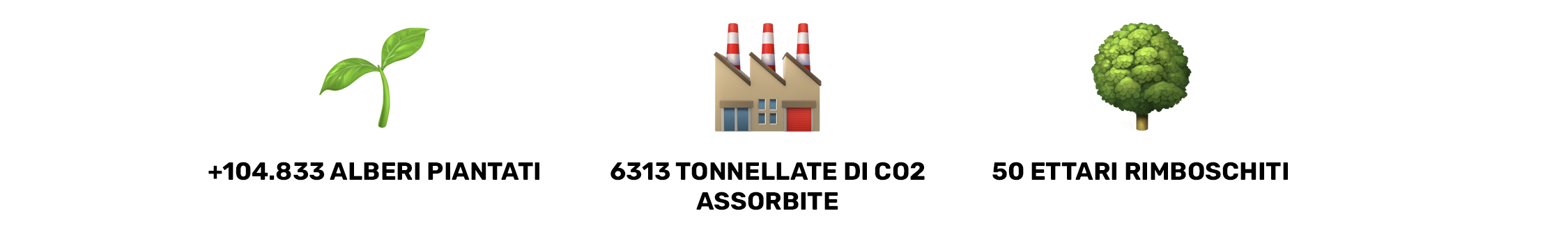 +104.833 alberi piantati, 6313 tonnellate di co2 assorbite, 50 ettari rimboschiti