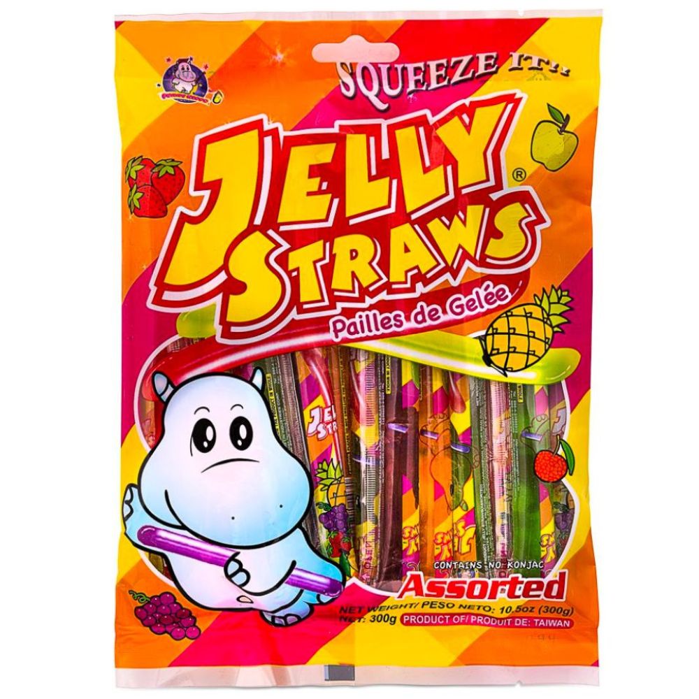 Jelly Straws Hippo Assorted Squeeze, gelée aux fruits de 300g 
