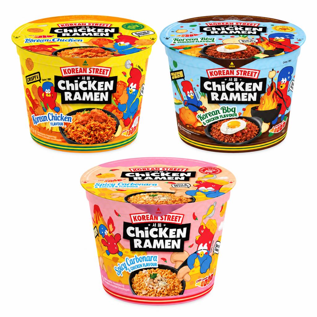 Korean Street Kit, 3 nouilles au goût poulet coréen, barbecue coréen et carbonara épicée