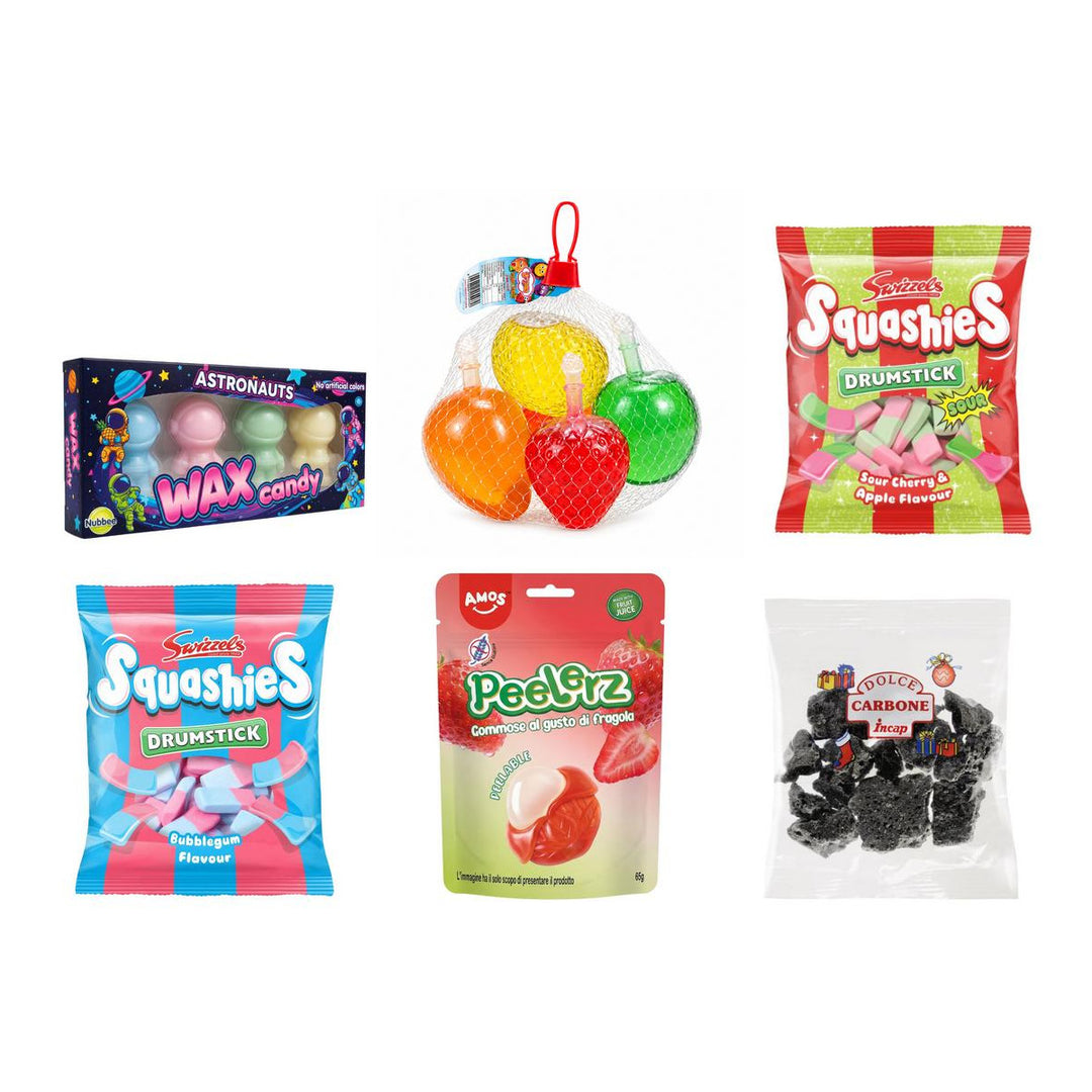 Bundle, 6 bonbons au goût cire liquide, fruit liquide, cerise et pomme, bubblegum, fraise et charbon doux