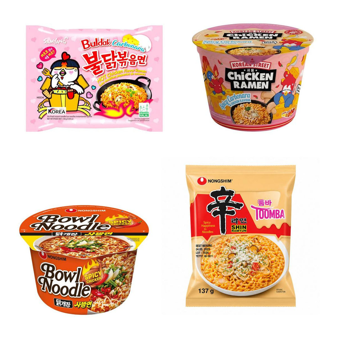 Noodles Kit, 4 nouilles instantanées au goût carbonara hot chicken, carbonara épicée, poulet épicé et fromage épicé