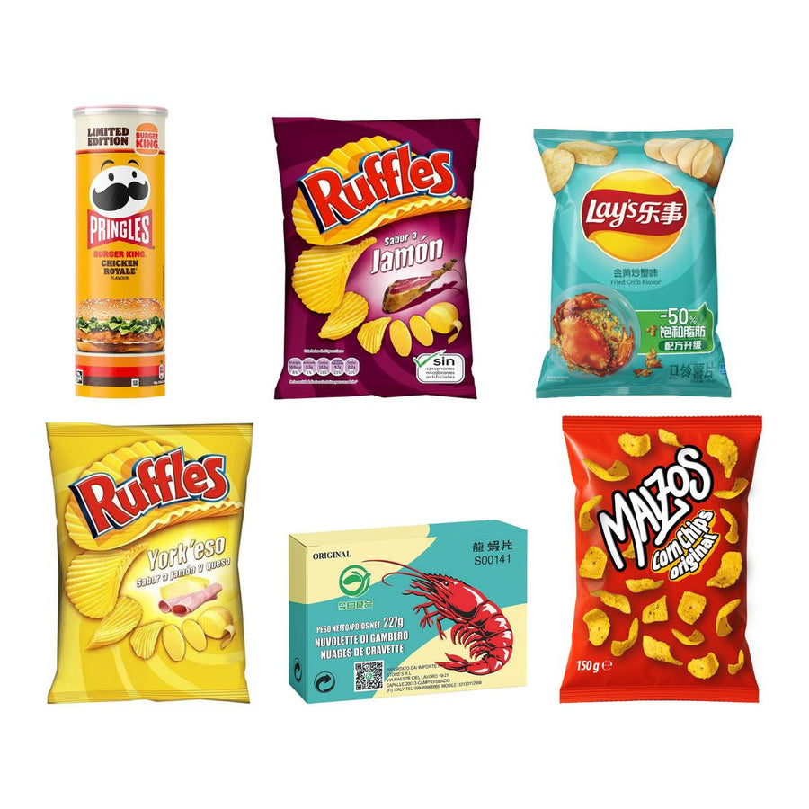 Kit de chips et crackers, 6 chips saveur Chicken Royale, jambon, crabe, fromage et jambon cru, crevette et original