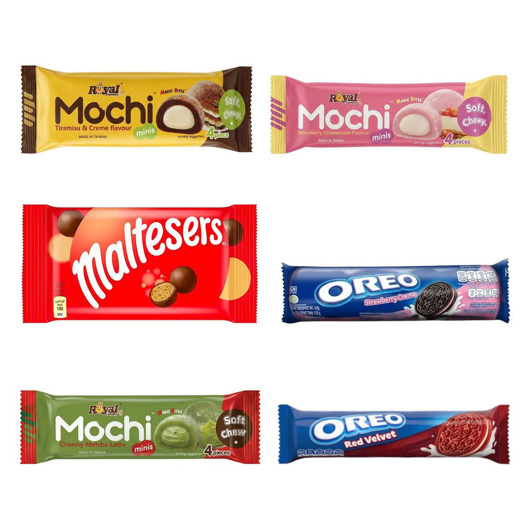Snack bundle de douceurs, 6 snack douceurs aux saveurs tiramisu, cheesecake à la fraise, chocolat au lait, fraise, matcha latte et red velvet