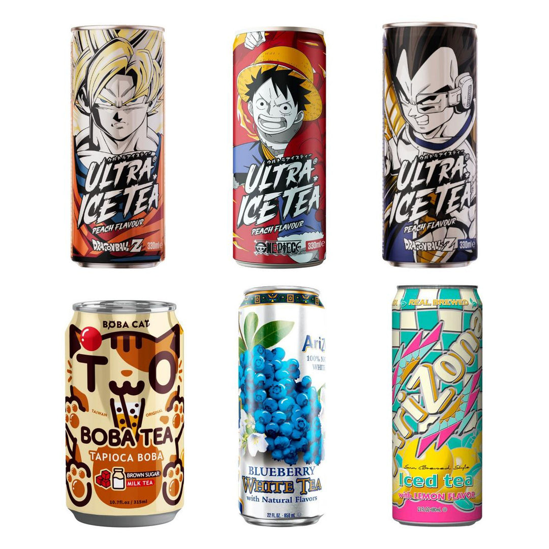 Tè Box, 6 thés froids et bubble tea à la pêche (Goku, Luffy, Vegeta), brown sugar milk tea, myrtille et citron